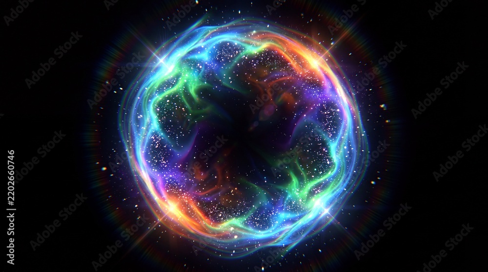 Fototapeta premium Glowing cosmic energy orb with vibrant colorful plasma swirls and sparkling stars shining brightly against a deep dark background creating a magical mystical portal effect