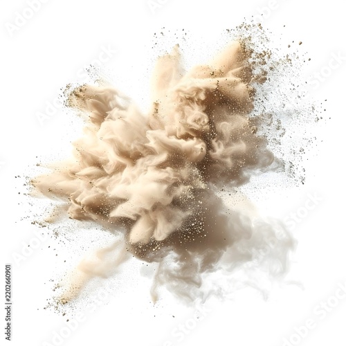 Beige and Brown Sand Explosion with Visible Dust and Particles on White Background