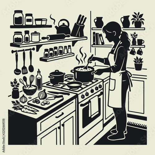 Black and white silhouette illustration of person in apron cooking at stove, stirring steaming pot, kitchen shelves with jars, bottles, utensils, countertop with vegetables, knife, cutting board