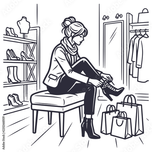 Black and white line illustration of person sitting on cushioned bench in fashion store trying on ankle boots, shopping bags nearby, background shelves with shoes, clothing rack, mirror, and mannequin