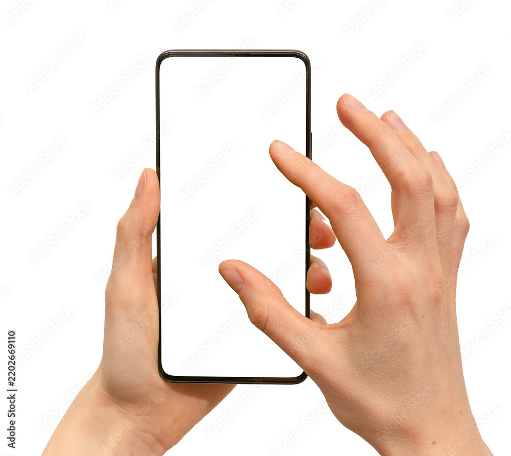 Obraz premium Smartphone mockup in hands zooming screen gesture isolated on white background. Touch screen user
