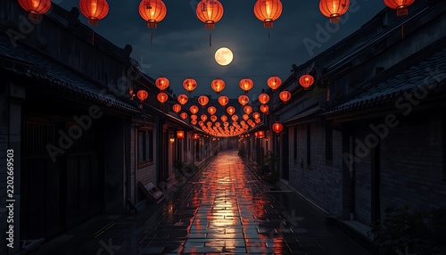 Lanterns glow along a street at night.