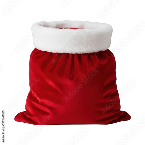 Red velvet santa claus gift sack with white fur trim isolated on transparent background