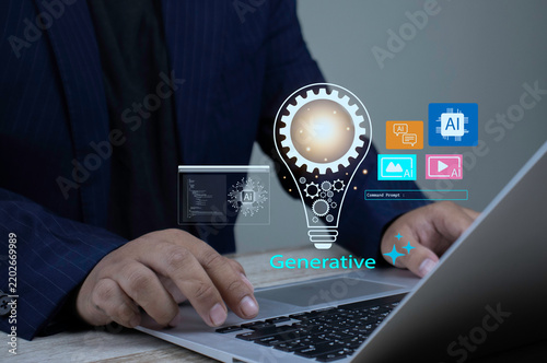Generative AI system and command prompt engineering concept for creative innovation with businessman hands typing on laptop keyboard displaying virtual light bulb and multi-content AI icons.