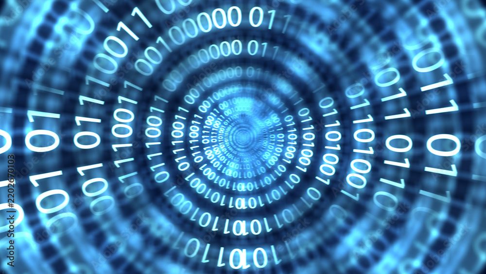 Fototapeta premium Abstract binary code tunnel with glowing blue digits zero and one, symbolizing big data, cybersecurity, digital communication, and cyberspace. Technology or cybersecurity background