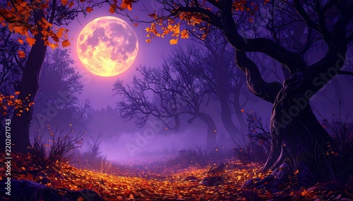 Spooky Autumn Forest with Glowing Full Moon and Fallen Leaves