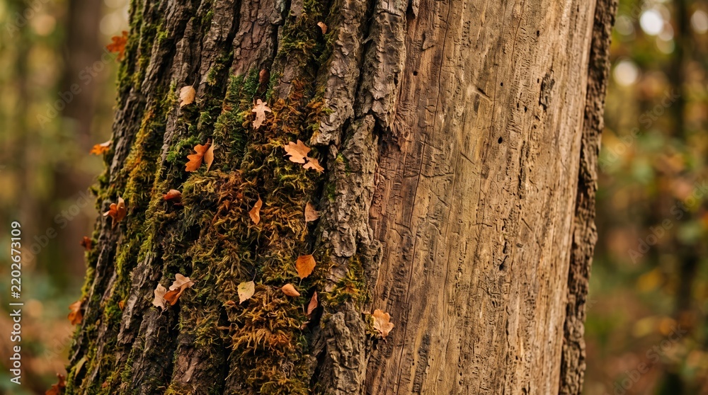 Obraz premium Close-up of rough tree bark covered with green moss and small autumn leaves in a softly blurred forest. Concept natural textures, seasonal ads and editorial design. Generative AI.