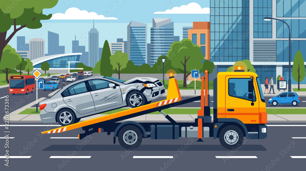 Fototapeta premium Tow Truck Hauling Damaged Car in City Street Scene