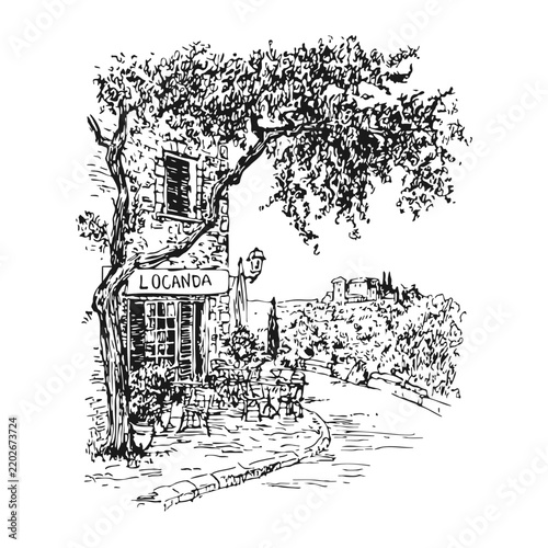Cozy Italian cafe locanda tavern building with olive tree hand drawn ink sketch vector illustration