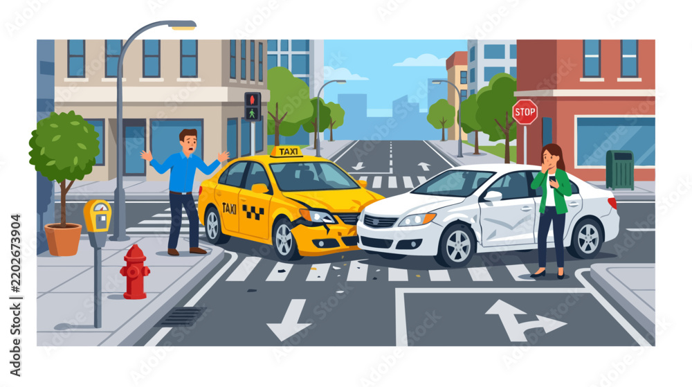 Fototapeta premium Car Crash: Taxi and Sedan Collision on City Street