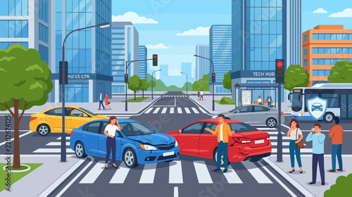 City car accident scene with damaged vehicles and pedestrians