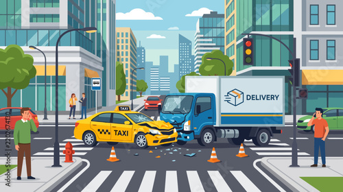 City Traffic Accident: Taxi and Delivery Truck Collision