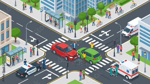 Isometric City Traffic Accident with Ambulance and Police