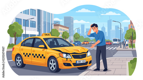 Man distressed by damaged yellow taxi car in city street accident
