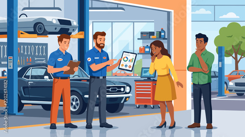 Mechanic Explains Car Repair Estimate to Customers in Workshop