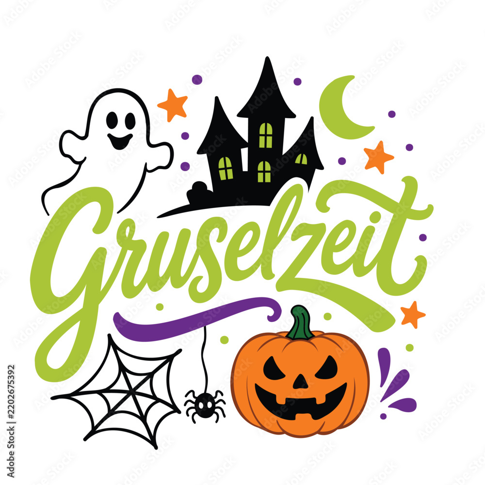 Fototapeta premium Gruselzeit, deutsches Halloween-Handlettering mit Geistern, Spinnennetz, Spinne, Spukschloss, Mond und Kürbis, farbenfrohes Design für Halloween und die gruselige Herbstzeit