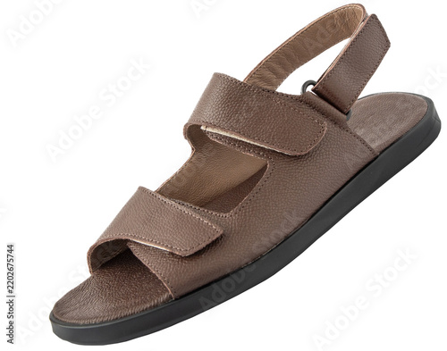 Brown Leather Sandal with Straps Isolated on White Background. Summer shoes cut out