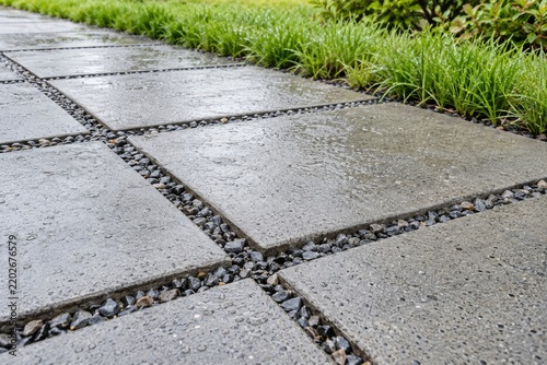 Wet concrete paving with gravel drainage joints