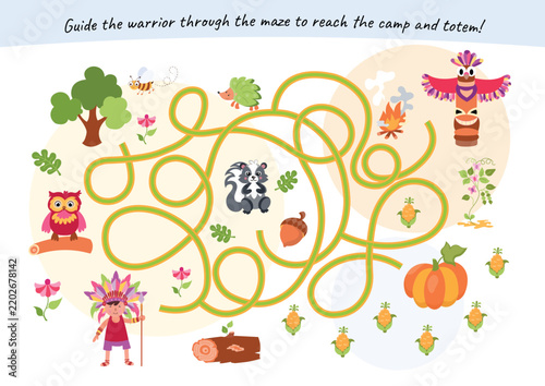 Educational maze game for kids with cute characters in tribal costumes and themed items. Printable activity sheet for preschool learning, visual logic puzzle, find the path worksheet.
