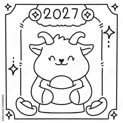 Chinese new year 2027 year of the Goat red and gold line art character, simple hand drawn asian elements with craft style on background. (Chinese translation: Happy chinese new year 2027, year of the 