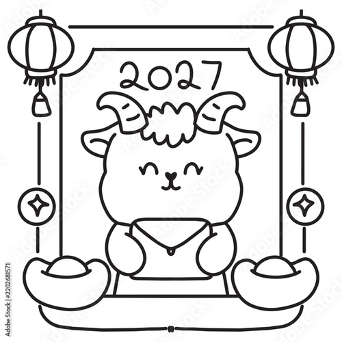 Chinese new year 2027 year of the Goat red and gold line art character, simple hand drawn asian elements with craft style on background. (Chinese translation: Happy chinese new year 2027, year of the 