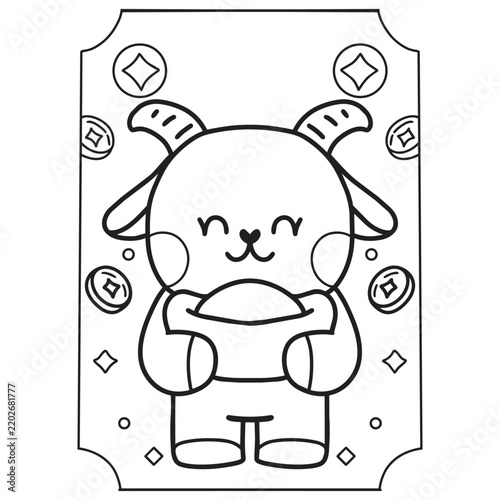 Chinese new year 2027 year of the Goat red and gold line art character, simple hand drawn asian elements with craft style on background. (Chinese translation: Happy chinese new year 2027, year of the 