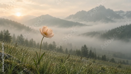 Wildflower in Misty Mountain Meadow at Sunrise