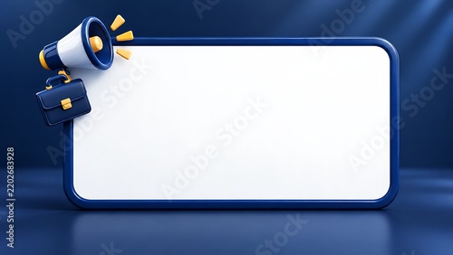 Blue business frame with megaphone and briefcase icon on a dark navy background for professional meeting announcements now.