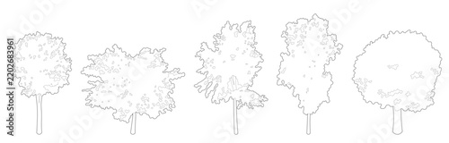 Architectural isometric tree collection displaying diverse deciduous foliage crowns and trunk line art elements for landscape axonometric and CAD rendering.