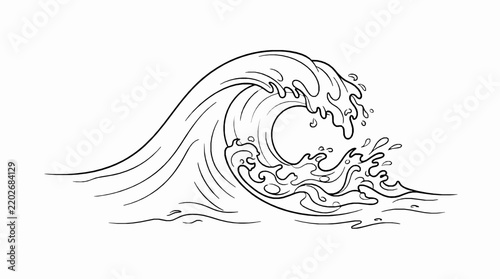 A black and white line art illustration of a powerful ocean wave crashing on water with illustration depicts single