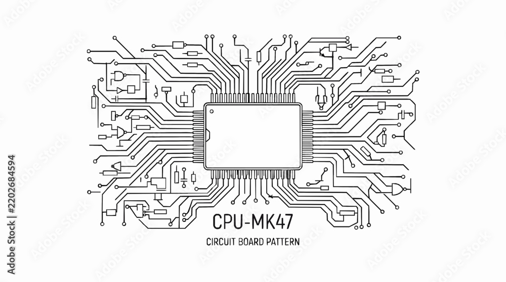 Obraz premium A minimalist black and white line drawing of a central processing unit circuit board layout with technical schematic illustration