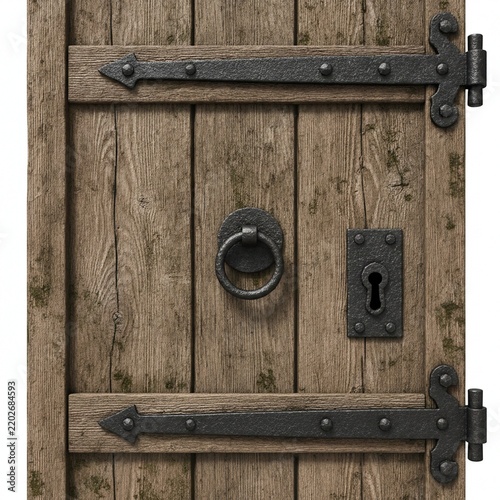 Rustic medieval wooden door with forged iron hinges, a metal ring handle, and a keyhole, isolated on a white background for architectural design and fantasy concepts, concept of security and historica