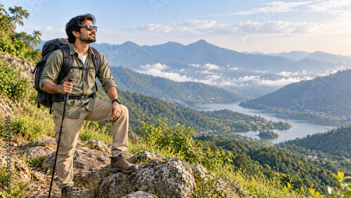 Indian Male Hiker Trekking Through Mountain Trail with Backpack and Trekking Pole