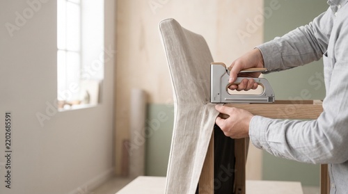 Person upholstering a chair with a staple gun in a cozy room