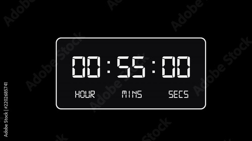  1 Hour Digital Countdown Timer Screen with Hour Minute and Second Display With Alpha Channel