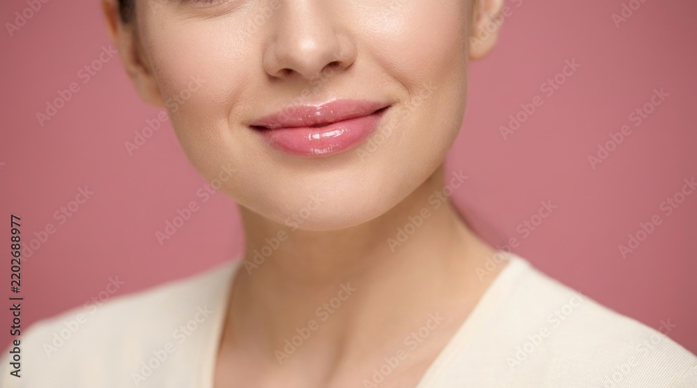 Obraz premium Close up of woman with glossy pink lips and clean skin
