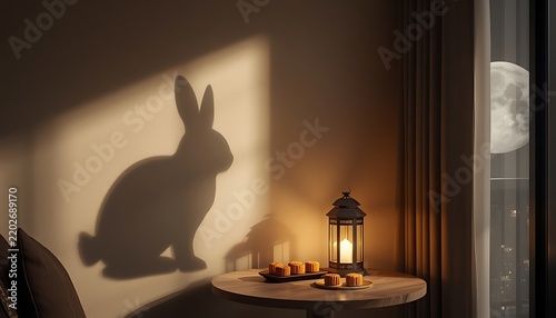 Rabbit shadow cast on the wall indoors.