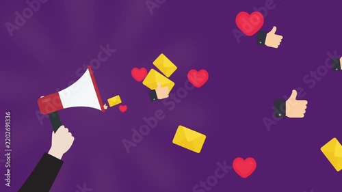 marketing campaign animation with email and reaction icons fly from megaphone speaker