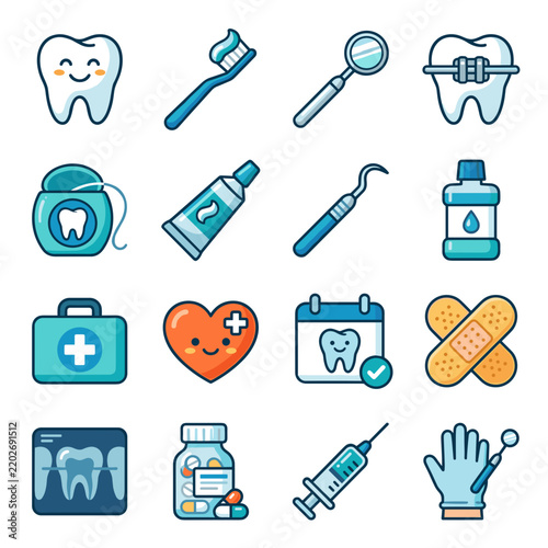 Dental care icons set with tooth brush toothpaste floss mirror dental tools and more