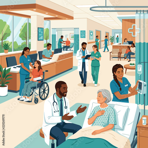 Diverse healthcare professionals attend to patients in a modern hospital setting with various medical activities