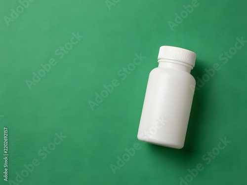 Top-down studio shot of a white medicine bottle on green background with copy space