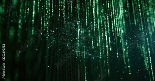 Abstract green digital rain with glowing nodal connections