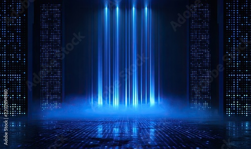 Vibrant blue beams of light emanate from a digital stage floor with misty haze