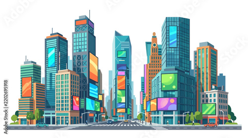 Vibrant Cityscape with Modern Skyscrapers and Digital Billboards - Vector Illustration