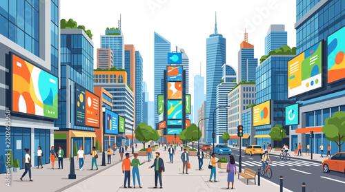 Vibrant Cityscape with People, Buildings, and Billboards