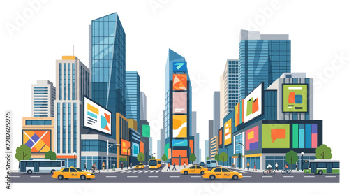 Vibrant Cityscape with Tall Buildings, Yellow Taxis, and Digital Billboards