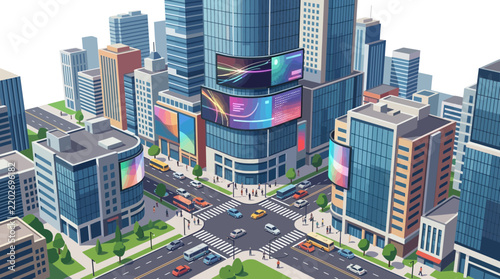 Futuristic Cityscape with Digital Billboards and Traffic