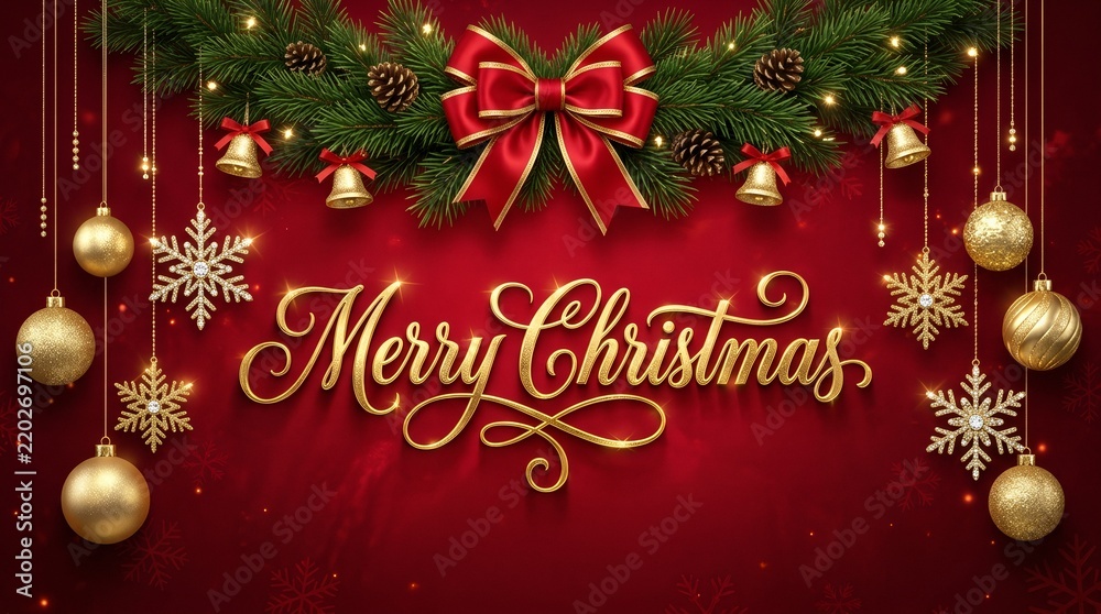 Obraz premium Merry Christmas Gold Typography Greeting Card with Festive Decorations