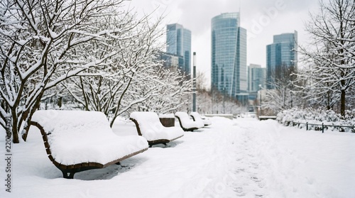 Snowy park and skyscrapers
