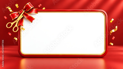Grand opening banner with red bow and gold scissors features blank white frame for celebratory marketing and promotion.